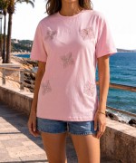 BONCUK İŞLEME 5 ÇİÇEKLİ TİŞÖRT  Pembe