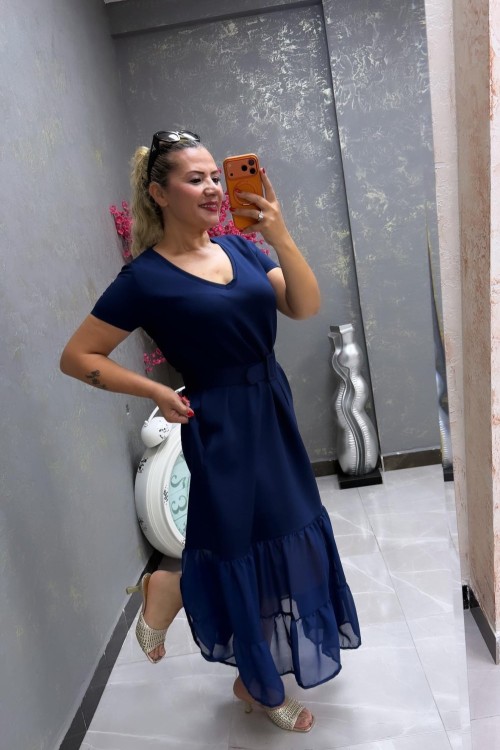 ALT ŞİFON DETAY ELBİSE  Lacivert