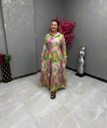 RENKLİ YAPRAK BASKILI GÖMLEK ELBİSE  Yeşil
