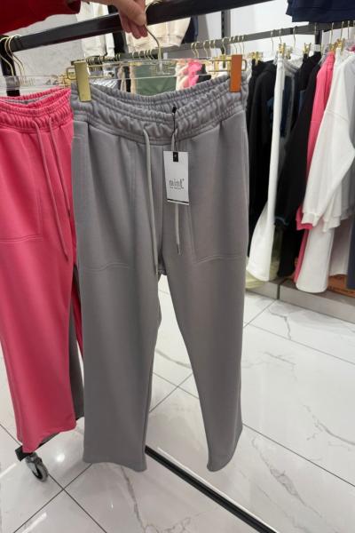 Bayan Cep Detaylı Palazzo Pantolon  Gri