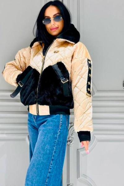 İthal Tasarım Cep Kürklü Mont  Bej