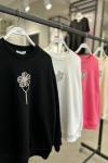 Önü Çiçekli Taşlı Sweatshirt Siyah Siyah