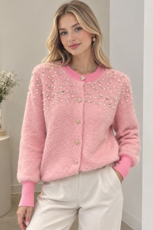 OMUZ TAŞ VE BONCUK İŞLEMELİ PELUŞ CEKET Pembe