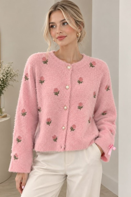 NAKIŞ İŞLEMELİ PELUŞ CEKET Pembe