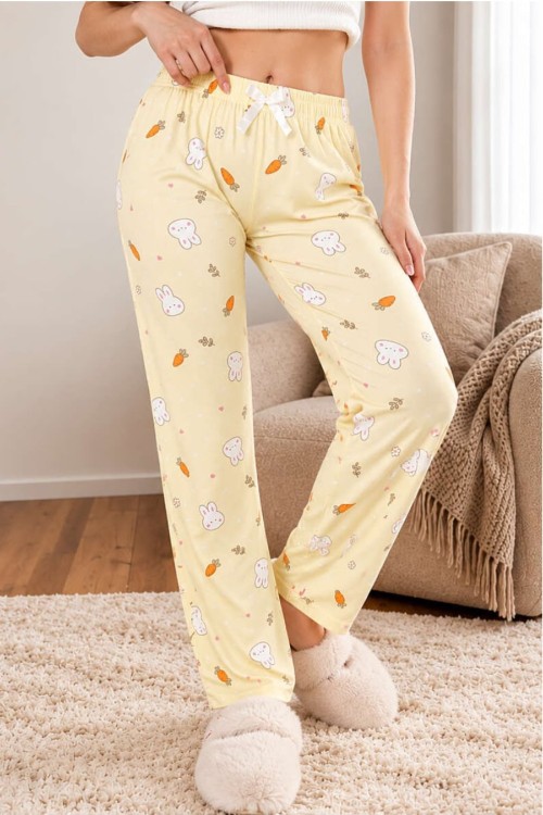 Tavşan havuç baskılı pijama altı Sarı