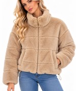 DİK YAKA KAPŞONSUZ peluş kısa mont Bej