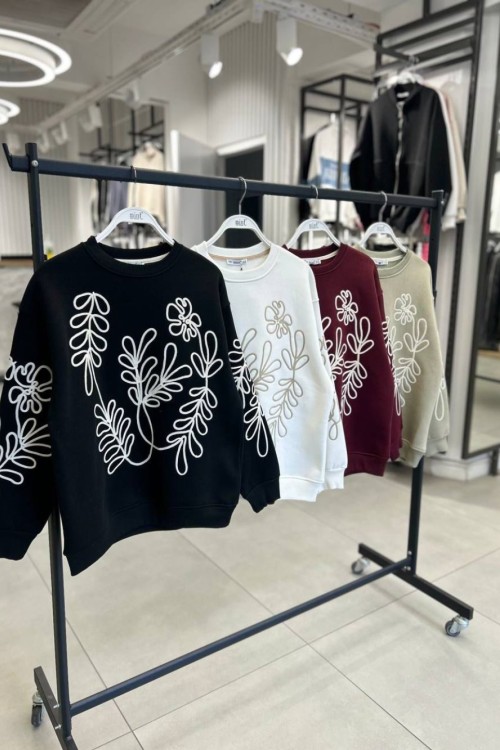Bayan Yaprak Desenli Sweatshirt  Beyaz