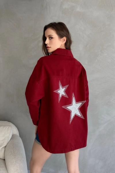 Bayan Yıldız Detay Kot Ceket Bordo