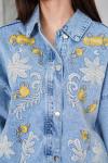 Bayan Çiçek Detaylı Kot Ceket  Mavi