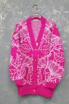 Bayan Fuşya Beyaz Çiçekli Triko Ceket Fuşya