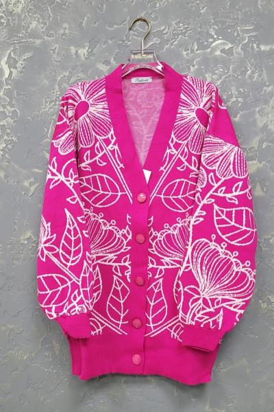 Bayan Fuşya Beyaz Çiçekli Triko Ceket Fuşya