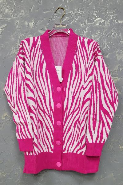 Bayan  Fuşya Beyaz Triko Ceket Beyaz