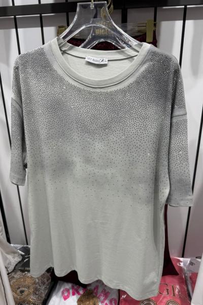 Bayan Omuz Taşlı Tişört Mint Yeşili