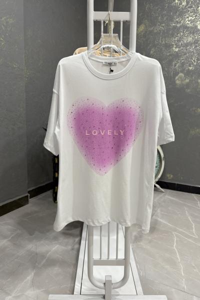 Bayan Lovely Kalpli Tşört Beyaz