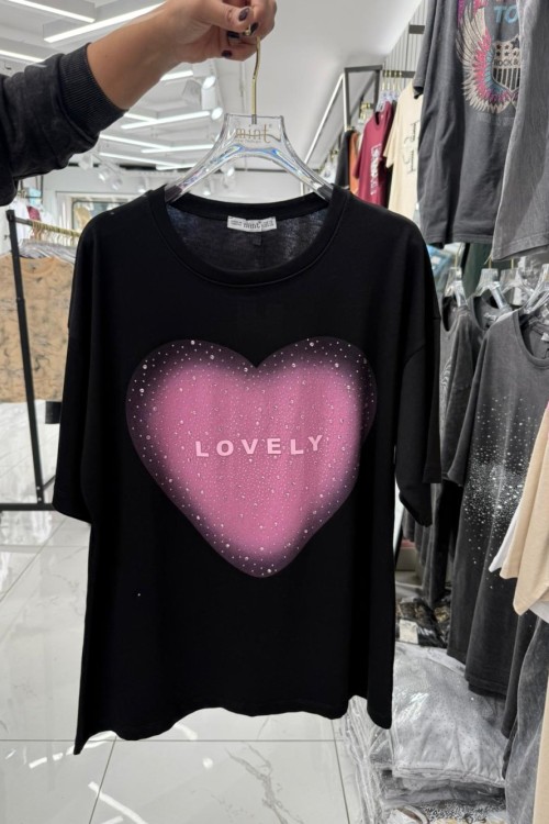 Bayan Lovely Kalpli Tşört Siyah