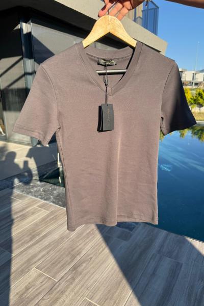 Bayan V Yaka İnterlok Likralı Tişört  Antrasit