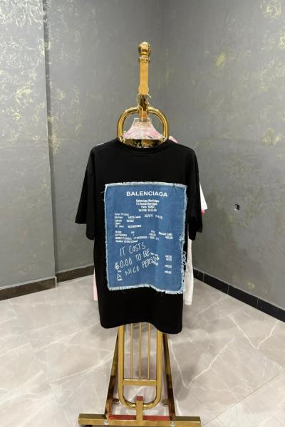 Bayan Balengıaga Yazılı Kot Detay Tişört Siyah