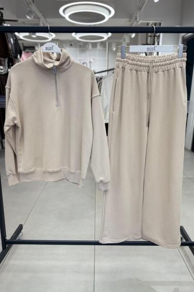 BAKLAVA DESENLİ YARIM FERMUARLI İKİLİ TAKIM Bej