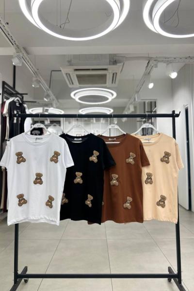 Bayan Ayıcık Detaylı Tişört  Beyaz