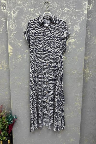 BAYAN BAKLAVA DESEN ELBİSE  Mavi