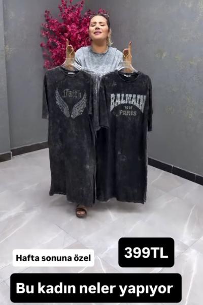 BAYAN BALMAIN YAZILI YIKANABİLİR ELBİSE  Gri