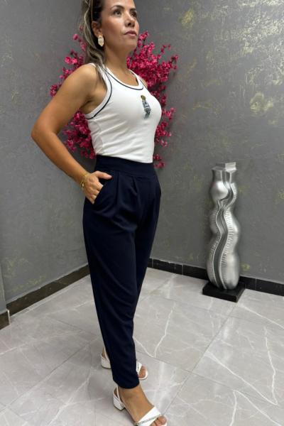 BAYAN BEL PİLELİ HAVUÇ PANTOLON  Lacivert