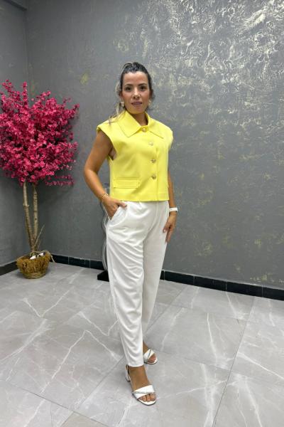 BAYAN BEL PİLELİ HAVUÇ PANTOLON  Beyaz