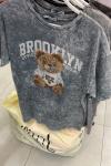 BAYAN BROOKLYN YAZILI AYICIKLI YIKANABİLİR KUMAŞ TİŞÖRT  Gri