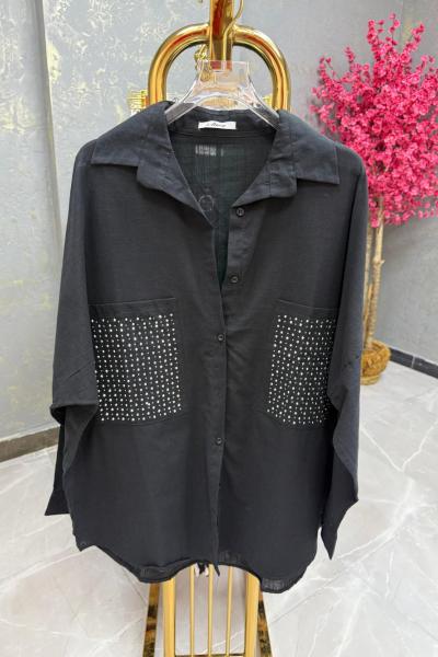 BAYAN CEP TAŞLI KETEN GÖMLEK  Siyah