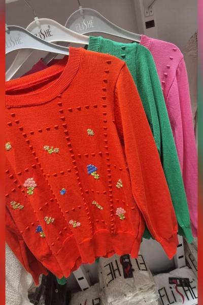 Bayan Çiçek Nakış Detaylı Triko Sweat  Yeşil