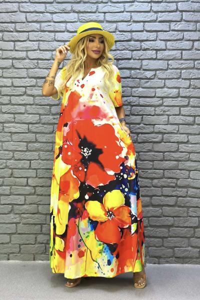 BAYAN ÇİÇEK DESENLİ ELBİSE  Sarı