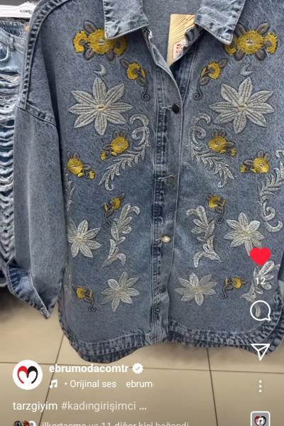 Bayan Çiçek Detaylı Kot Ceket  Mavi