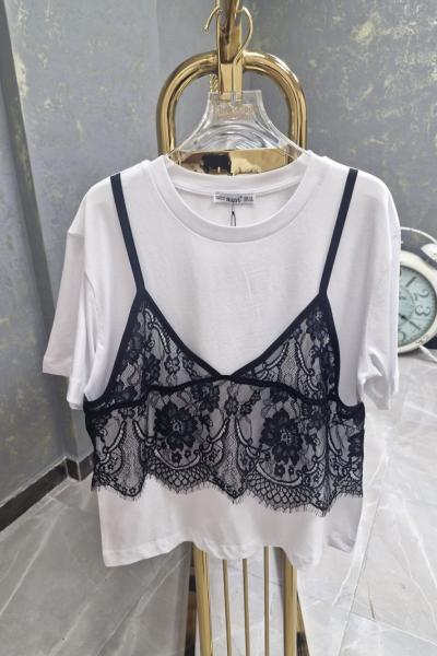 BAYAN DANTEL DETAYLI TİŞÖRT  Beyaz