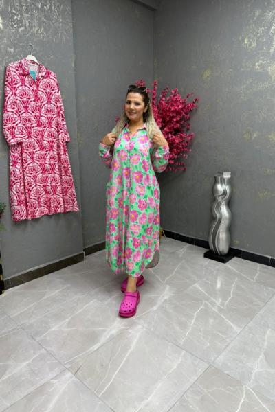 BAYAN DESENLİ GÖMLEK ELBİSE  Yeşil