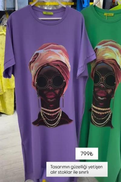 BAYAN DİJİTAL BASKI ELBİSE  Mor