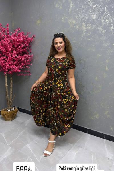 BAYAN ETNİK DESEN ELBİSE Yeşil