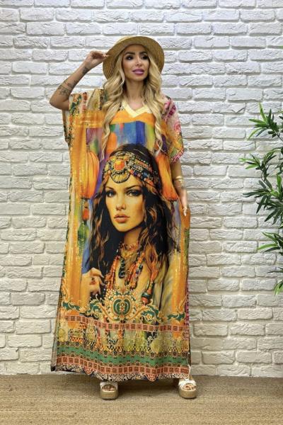 BAYAN ETNİK DESEN ELBİSE  Sarı