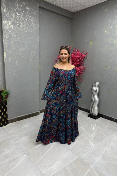 BAYAN ETNİK DESEN ELBİSE  Mavi