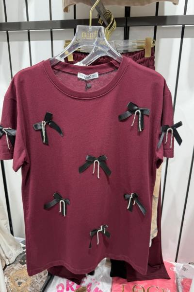 Bayan Fiyonk Detaylı Tişört Bordo