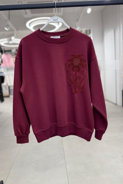 BAYAN GÖĞÜS ÇİÇEK DETAY ŞARDONSUZ SWEAT 65 CM  Bordo