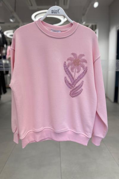 BAYAN GÖĞÜS ÇİÇEK DETAY ŞARDONSUZ SWEAT 65 CM  Pembe