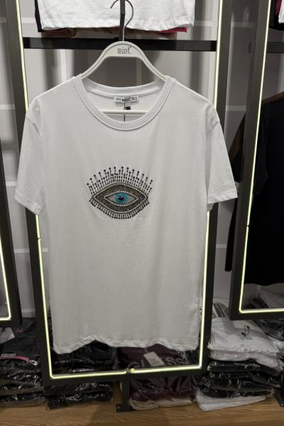 BAYAN GÖZ DETAYLI TİŞÖRT  Beyaz