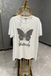 BAYAN KELEBEKLİ BUTTERFLY YAZILI TİŞÖRT Beyaz
