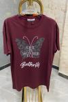 BAYAN KELEBEKLİ BUTTERFLY YAZILI TİŞÖRT Bordo