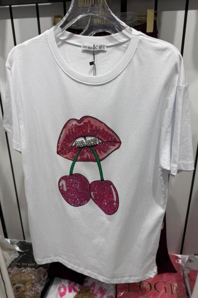 Bayan Kiraz Dudaklı Tişört Beyaz