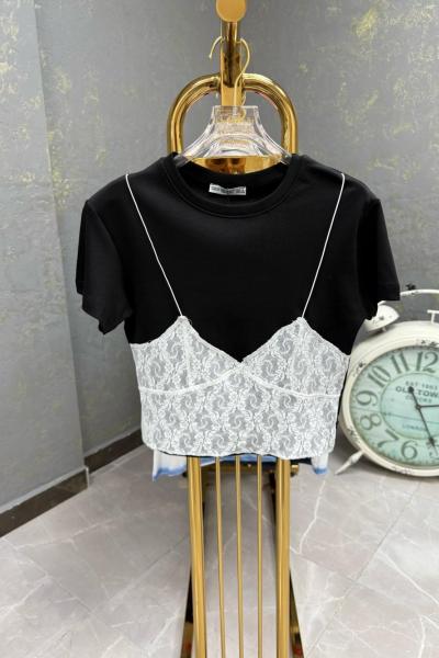 BAYAN KISA İP ASKI DETAYLI TİŞÖRT Siyah