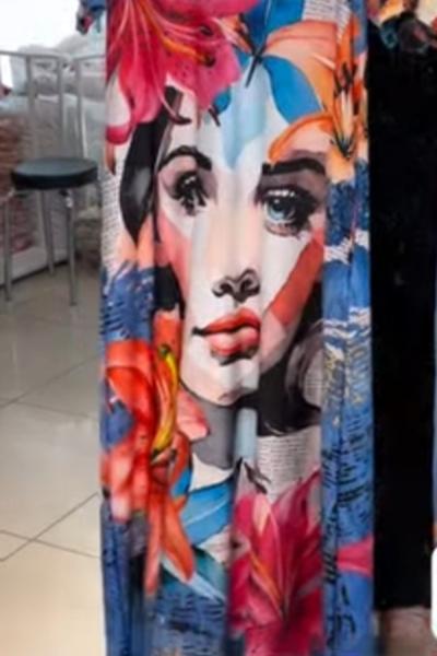 Bayan kız yüzü baskılı çiçekli elbise  Mavi