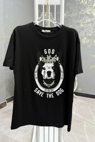 BAYAN KÖPEK BASKILI TİŞÖRT Siyah