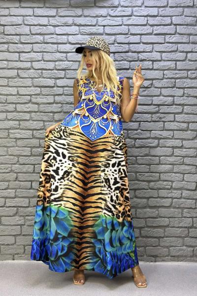 BAYAN LEOPAR DETAY ELBİSE  Mavi