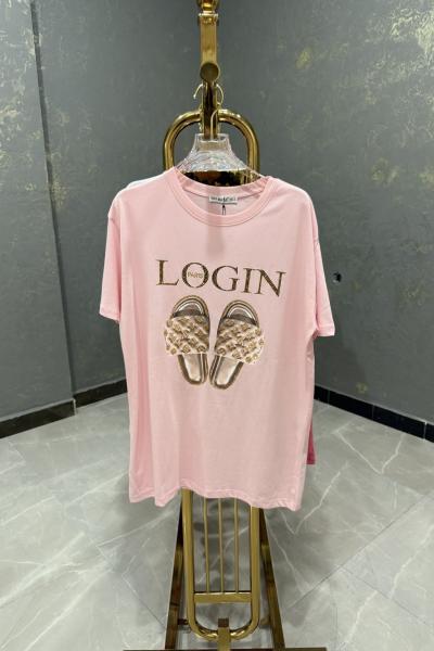 Bayan Login Paris Yazılı Tişört Açık Pembe
